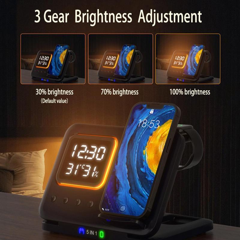 5-in-1 Wireless Charging Station with LED Alarm Clock – 15W Fast Charger