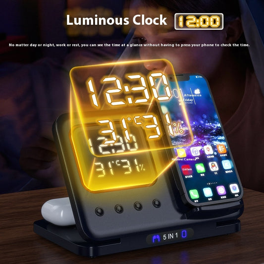 5-in-1 Wireless Charging Station with LED Alarm Clock – 15W Fast Charger