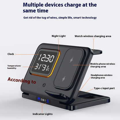 5-in-1 Wireless Charging Station with LED Alarm Clock – 15W Fast Charger