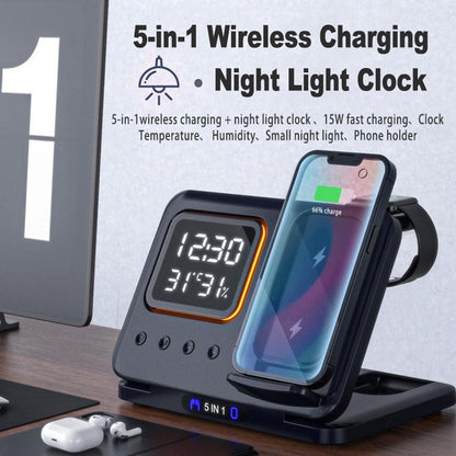 5-in-1 Wireless Charging Station with LED Alarm Clock – 15W Fast Charger