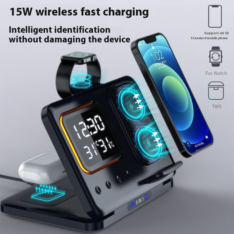 5-in-1 Wireless Charging Station with LED Alarm Clock – 15W Fast Charger