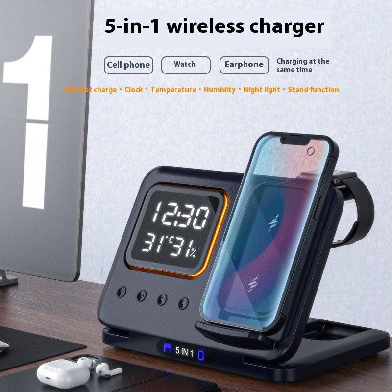 5-in-1 Wireless Charging Station with LED Alarm Clock – 15W Fast Charger
